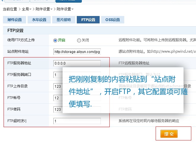 把刚刚复制的内容粘贴到“站点附 件地址”，开启FTP，其它项随便写。