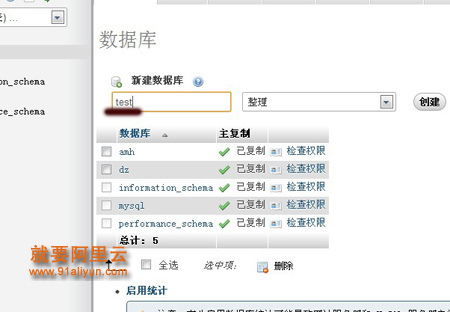 在新增的数据库的方框里输入你想要的数据库名,我们这里用test来演示,点击创建。